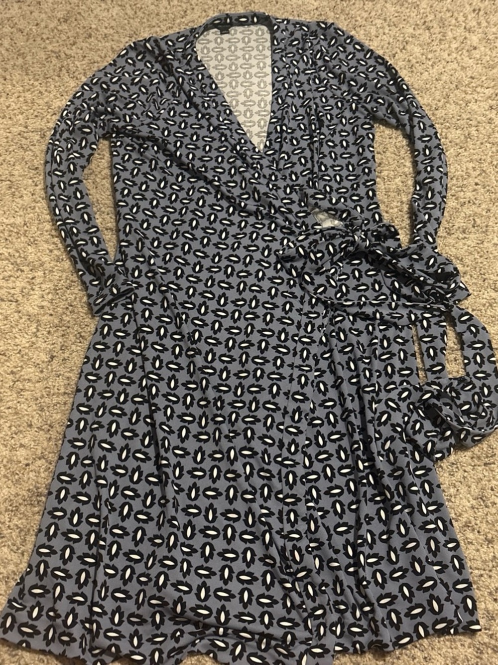 Ann Taylor Blue and Black Printed Long Sleeve Wrap Dress